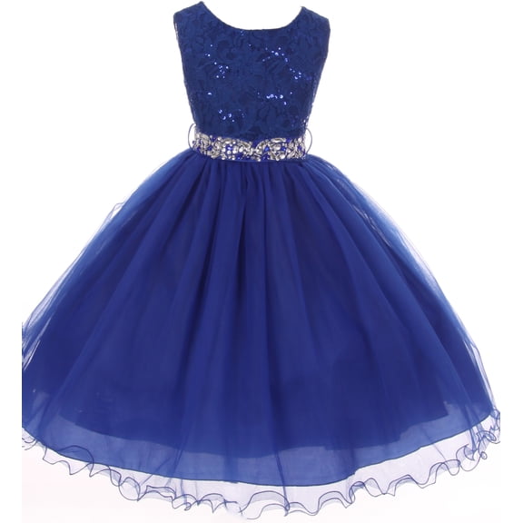 Little Girl Glitters Sequined Bodice Double Layer Tulle Rhinestones Sash Flower Girl Dress Royal 2 JK3670 BNY Corner