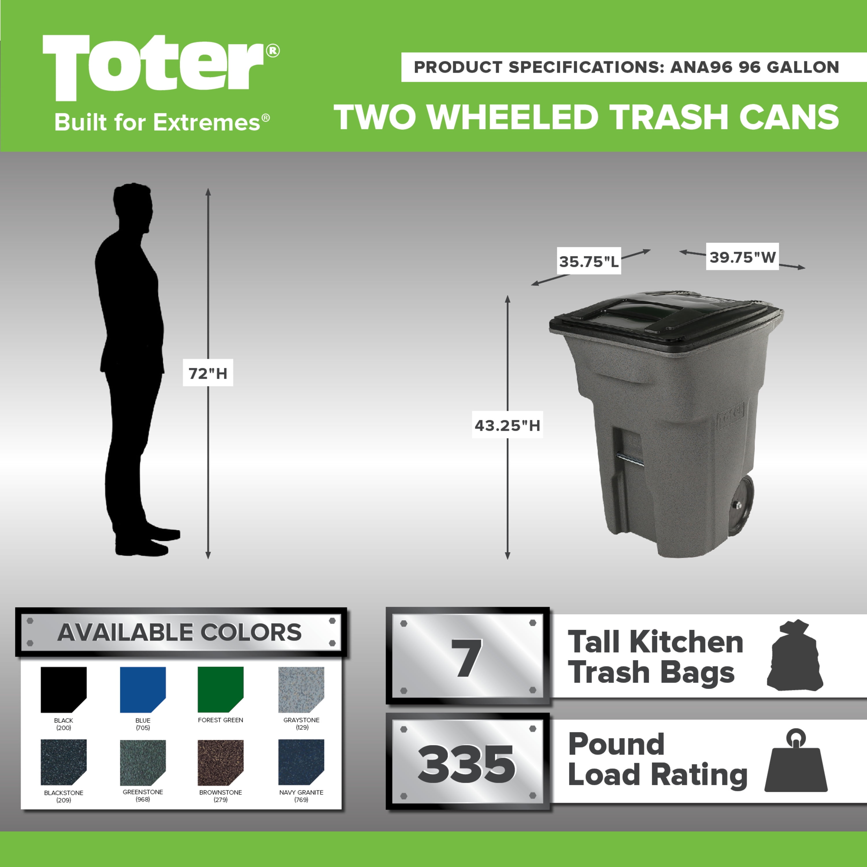 Toter Trash Bags — (8) 10-Bag Rolls, 96-Gallon, Black, Model