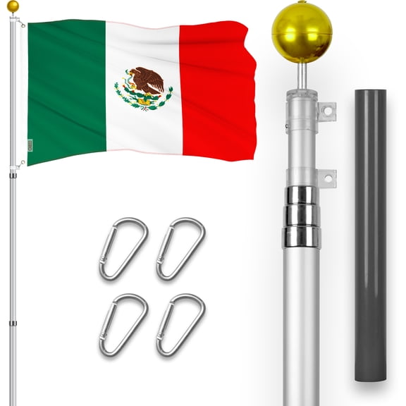 G128 Combo Pack: 16 Ft Telescoping Aluminum Flagpole (Silver) & Mexico Mexican Flag 3x5 Ft, ToughWeave Series Embroidered 300D Polyester | Pole with Flag Included