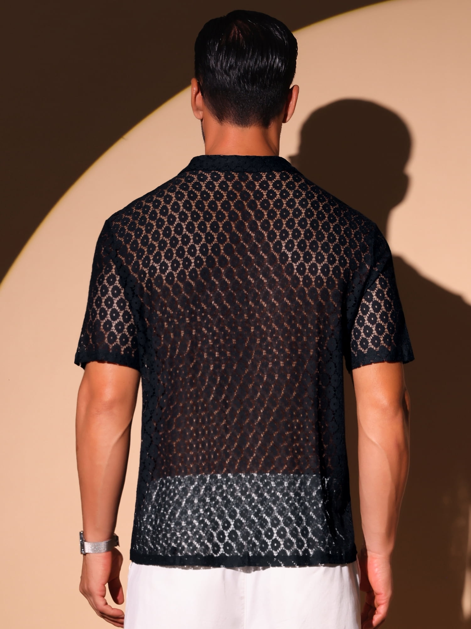 DARING DIVA Men's Sheer Hollow Lace Button Down Disco Party Shirt M Black