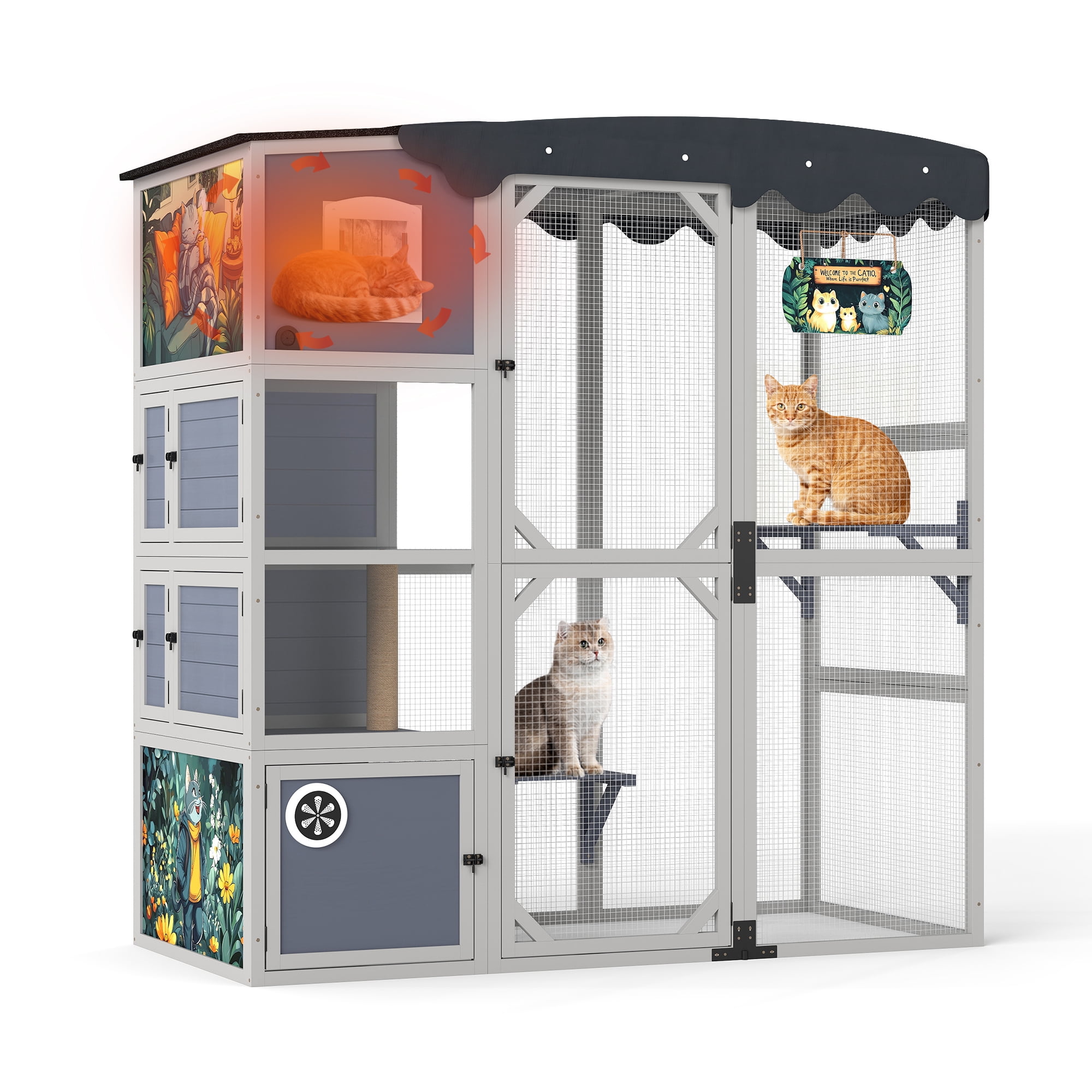 COZIWOW Insulated Outdoor Cat Catio, Large Wood Cat Enclosure with Weatherproof Roof, 2 Resting Rooms, 2 Platforms, 4-Tier Cat Playpen (Grey-Insulated)