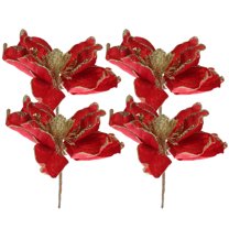 Homoyoyo 4pcs Red Poinsettia Picks Fabric Christmas Tree Ornaments Holiday Decorations for Festive Home