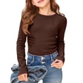 thumbnail image 4 of Shadoumai Girls Long Sleeve Shirts Ribbed Knit Draw Pleats Tops Slim Fit Crew Neck Cotton Undershirts Cute Sizes 5-14, 4 of 5