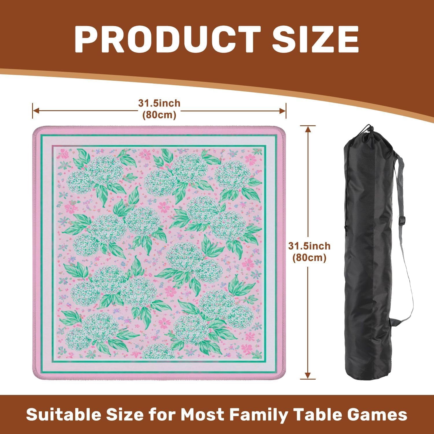 Mahjong Mat with Carrying Bag 31.5" x 31.5" Non-Slip Noise Reduction Hydrangea Floral Mint Green Blooms Pink Table Mat for Mahjong Poker Dominoes Card Board Tile Games