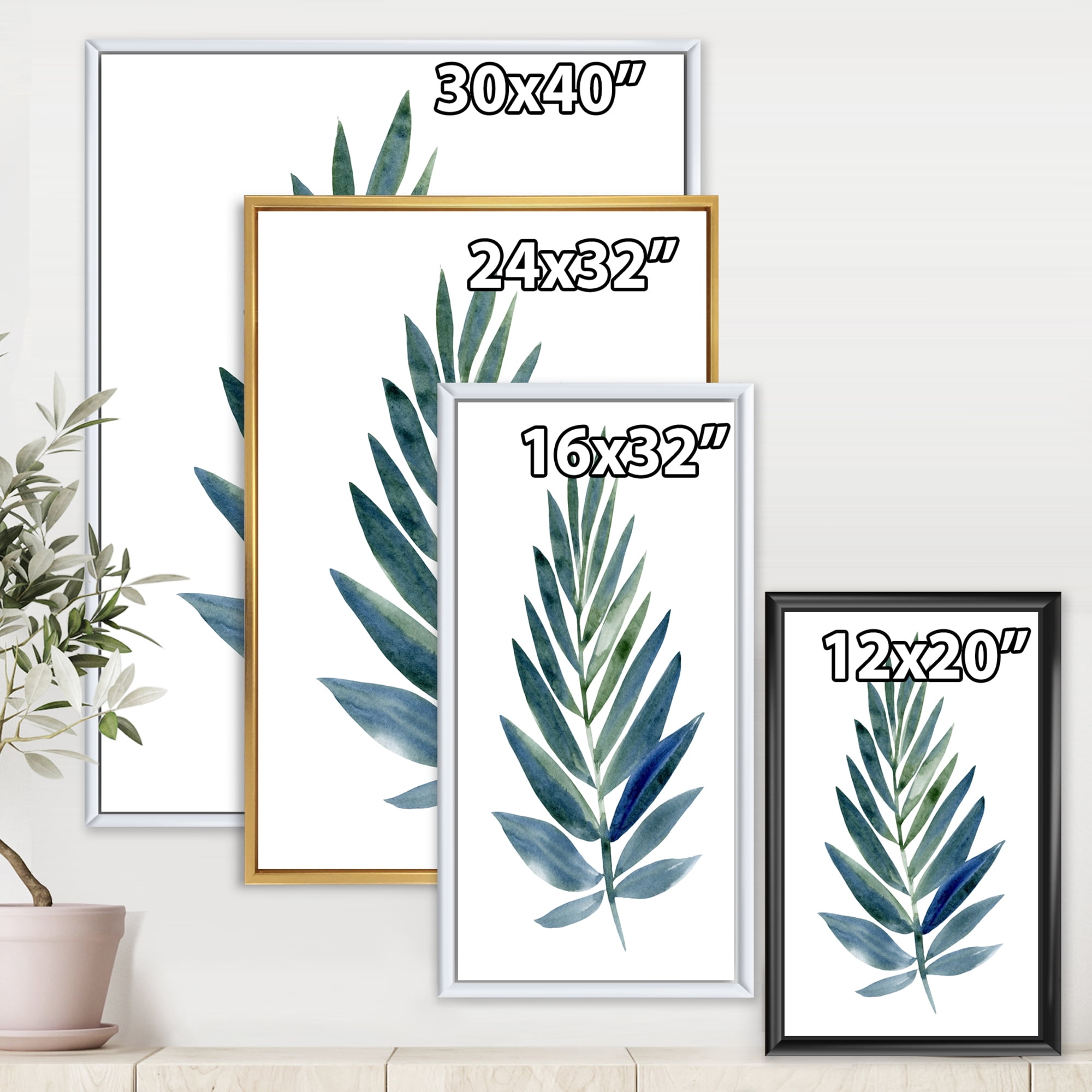 Designart 'Tropical Green Leaf On White' Farmhouse Framed Canvas Wall Art Print