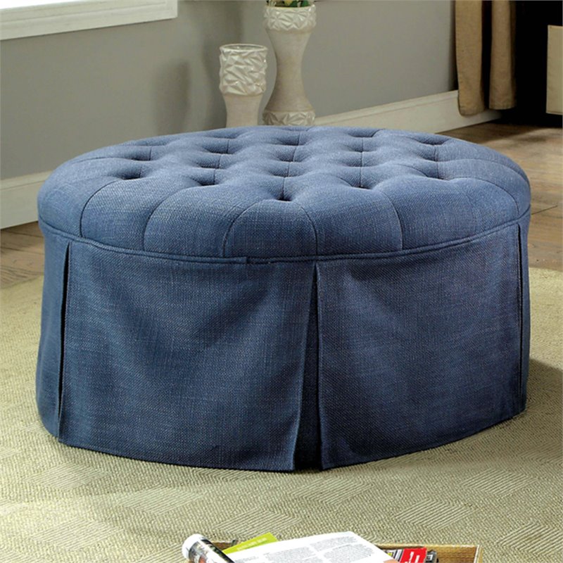 Furniture of America Amalie Transitional Round Storage Ottoman in Blue