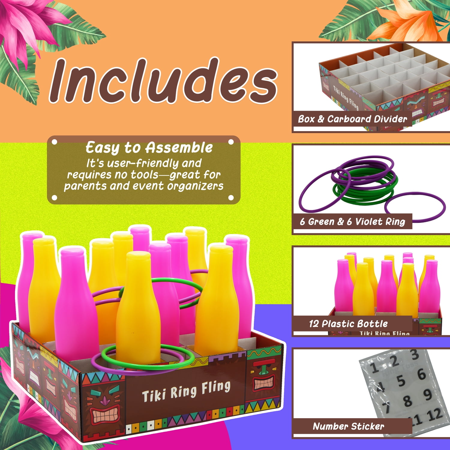 4E's Novelty Tiki Bottle Ring Toss Game Set, 12 Colorful Bottles, Luau Party Games