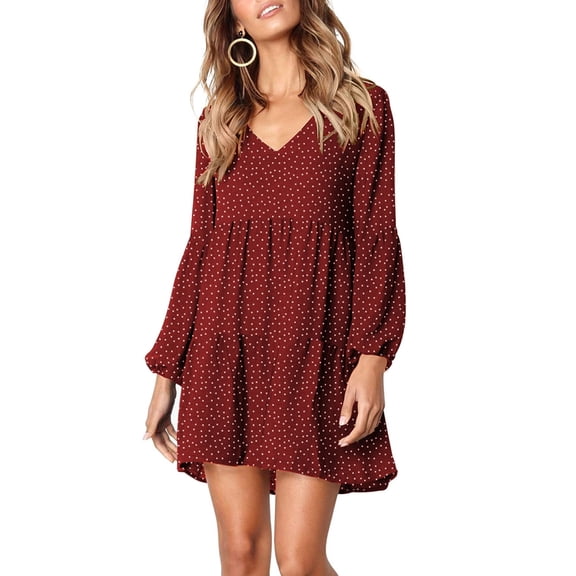 Womens Tunic Dress Long Sleeve V Neck Casual Loose Flowy Swing Shift Dresses Red Polka Dots XL
