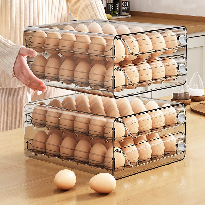 Clear Drawer Style Egg Storage Box for Kitchen, Multi Grid Egg Holder Rack for Refrigerator, Stackable Tray with Timer for Freshness