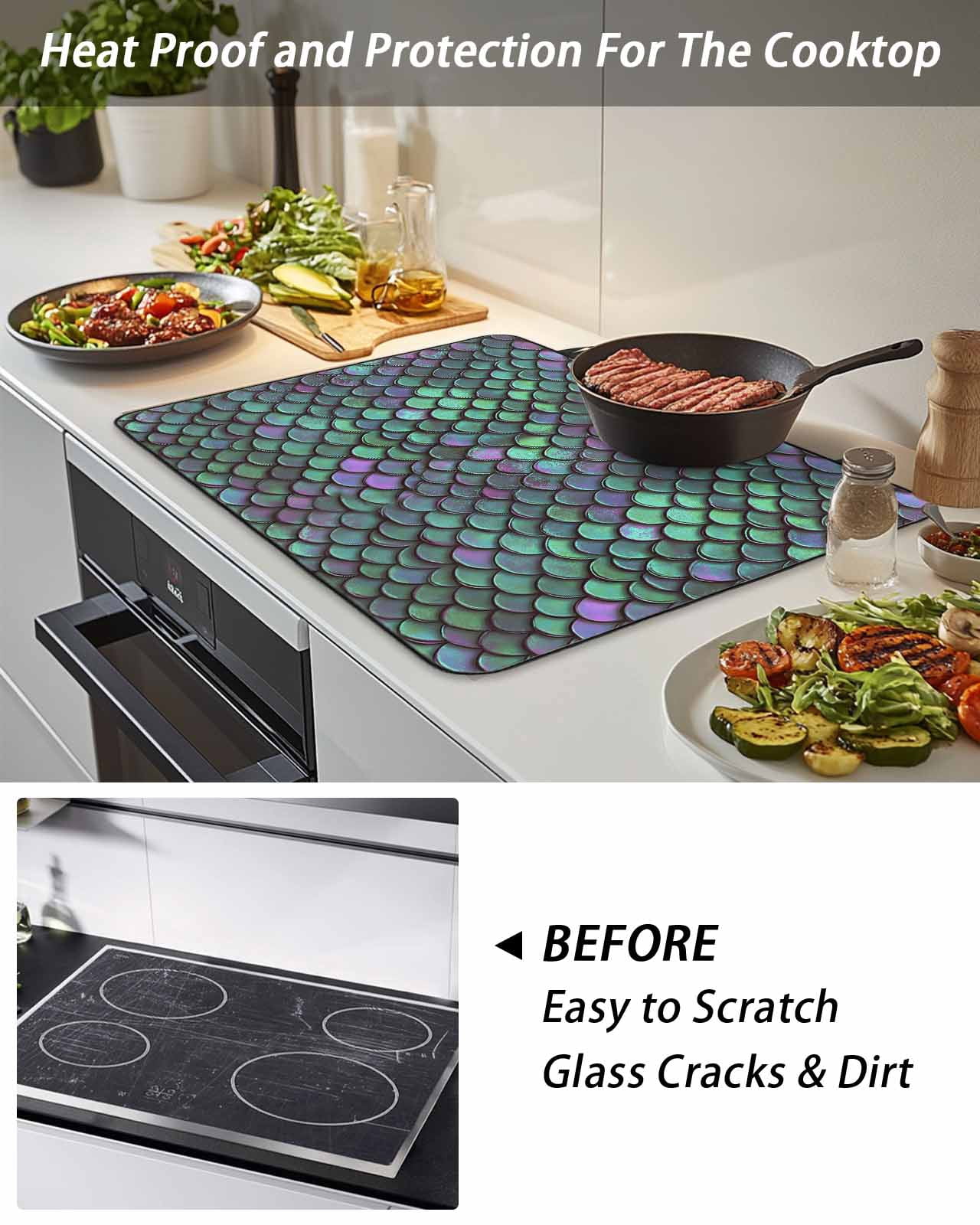 Stove Top Covers for Electric Stove, Coastal Teal Green Glass Stovetop Cover Protector, Modern Ocean Mermaid Scales Induction Cooktop Protector Oven Mat for Kitchen Countertop 28.5"x20.5"