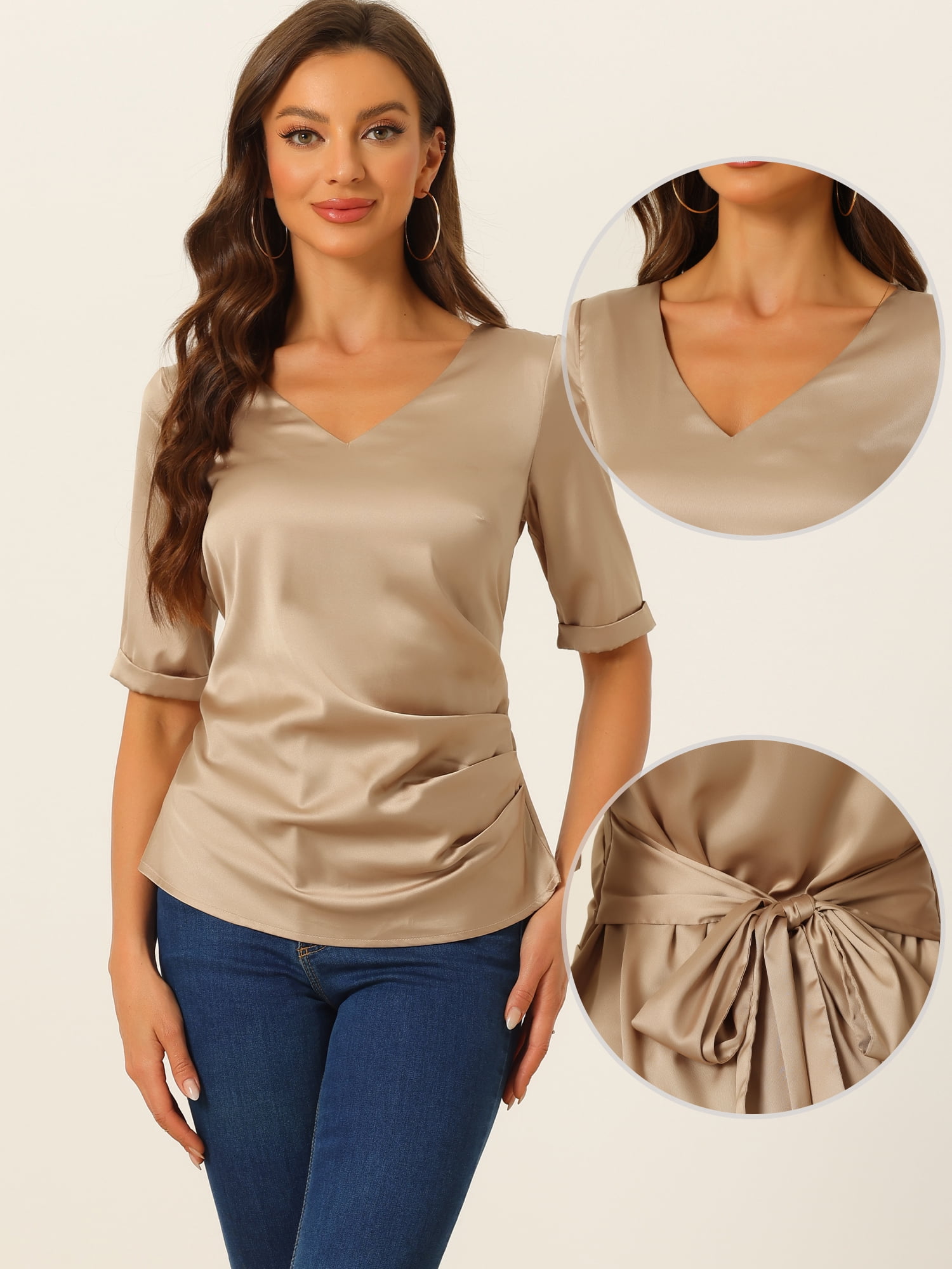 DARING DIVA Women's Satin Blouse Ruched Tie Back Office Tops XS Champagne