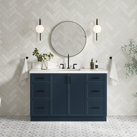 Ariel Kelly 55 Inch Single Rectangle Sink Bathroom Vanity With Pure White Quartz Countertop 1.5 Inch Edge In Midnight Blue