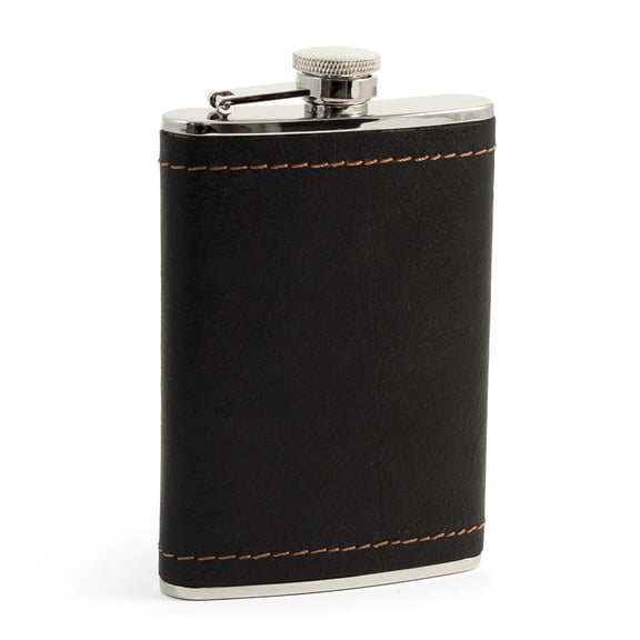 8 oz. Stainless Steel Black Leather & Mustard Stitch Flask with Captive Cap and Durable Rubber Seal.