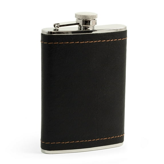8 oz. Stainless Steel Black Leather & Mustard Stitch Flask with Captive Cap and Durable Rubber Seal.