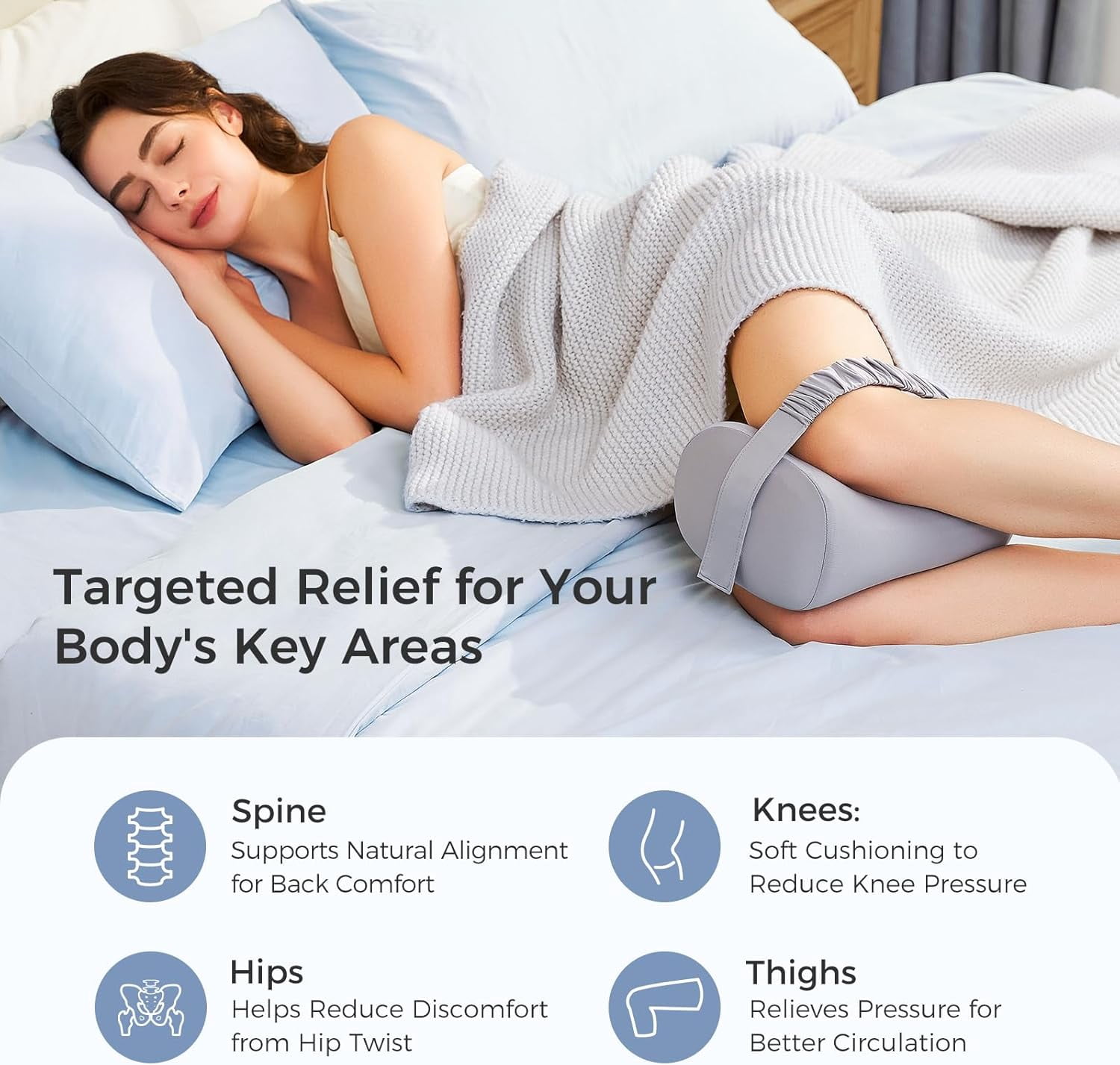 Knee Pillow for Side Sleepers, Soft Memory Foam & Pinch-Free Design, Relieve Knee, Leg and Sciatica Pain, Adjustable Elastic Strap Ideal for Pregnant Women and Seniors, Cooling Cover, Gray