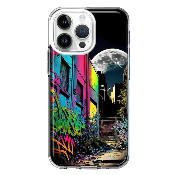 MUNDAZE Case for Apple iPhone 15 Pro Max Slim Hard Shell Soft TPU Hybrid Shockproof Heavy Duty Protective Phone Cover - Urban City Full Moon Graffiti Painting Art