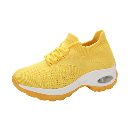 

Kukoosong Womens Comfort Shoes Sports Casual Rocking Shoes High Elastic Flying Woven Breathable Flat Shoes Women Yellow 42