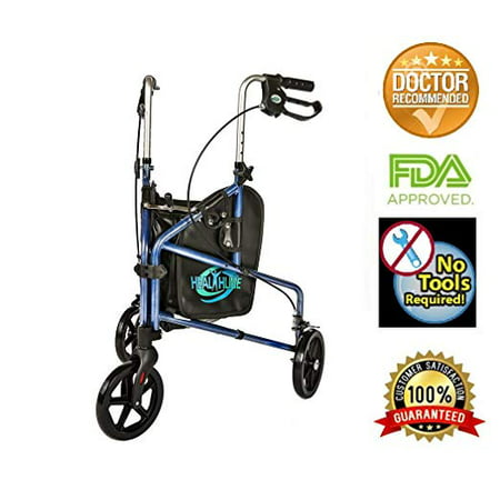 HEALTHLINE 3 Wheel Walker for Seniors, Foldable Mobility Three Wheel Walker Lightweight Traveler Tripod 3 Wheel Rollator Walker With Basket Tray, Pouch, Brakes, Narrow Walkers for Small Spaces, (Best Rated Walkers For Seniors)