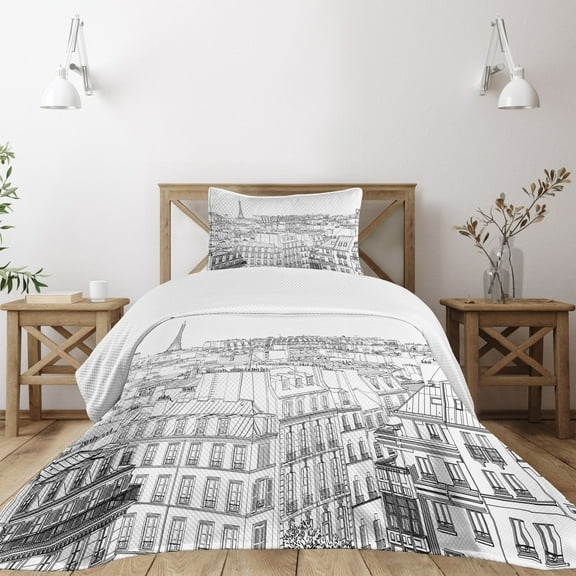 Ambesonne Paris Quilted Bedspread Set 2 Pcs, Roofs in Paris and Eiffel, Twin Size, Black and White