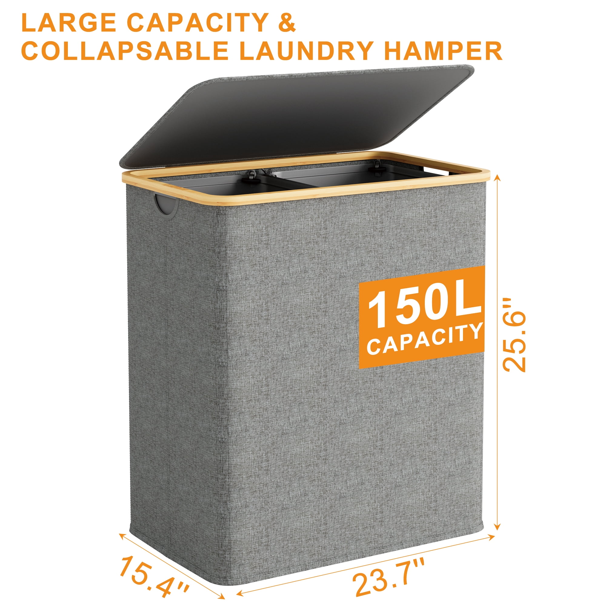 BGTREND 148L Double Laundry Basket with Lid, Clothes Hampers for Laundry with Bamboo Handles and Removable Liner Bags, Collapsible Laundry Sorter Dirty Clothes Hamper (Gray)