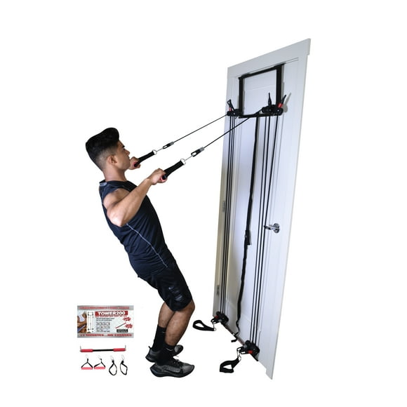 Tower 200 Complete Door Gym Full Body Total Workout System Fitness Exercise Home Gym Strength Training, w Straight Bar, Chart, DVD