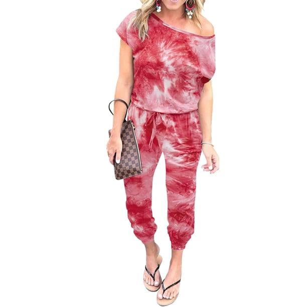 Mono PRETTYGARDEN con Hombros Descubiertos y Estampado Tie Dye Rojo M