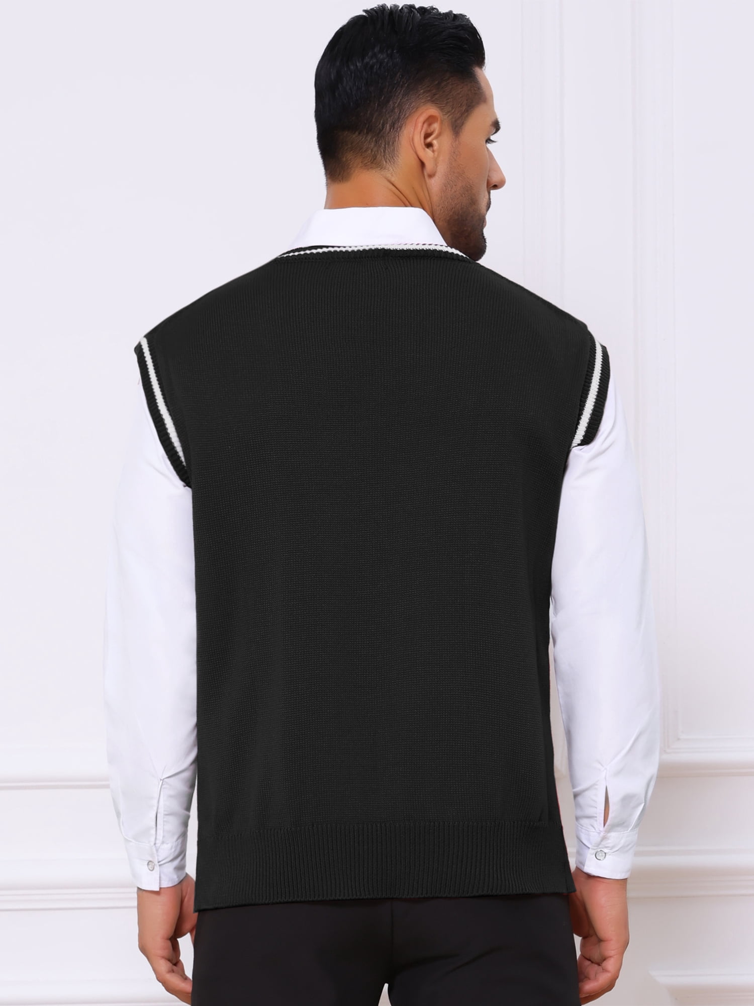 DARING DIVA Men's Solid Color V-Neck Sleeveless Cable Knitted Sweater Vest M Black