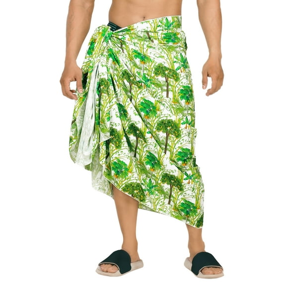 LA LEELA Men's Swim Bath Trunk Swimsuit Regular Surfing Swimwear Sarong Long Pareo Beach Wrap One Size Fern, Palm Tree Vacation