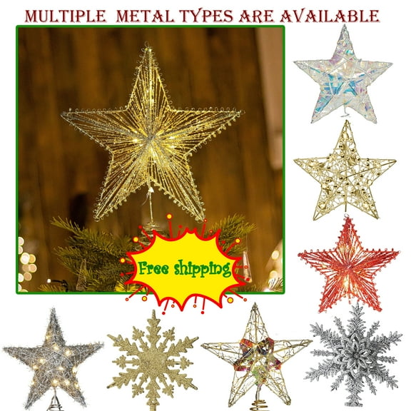 Lazyguy 8.34x5 in Lighted Five-Pointed Star Christmas Tree Topper Hollow 3D Radiating Star Design Sparkling Iron Ornament for Holiday Party Home Indoor Outdoor Christmas Decoration, A-01