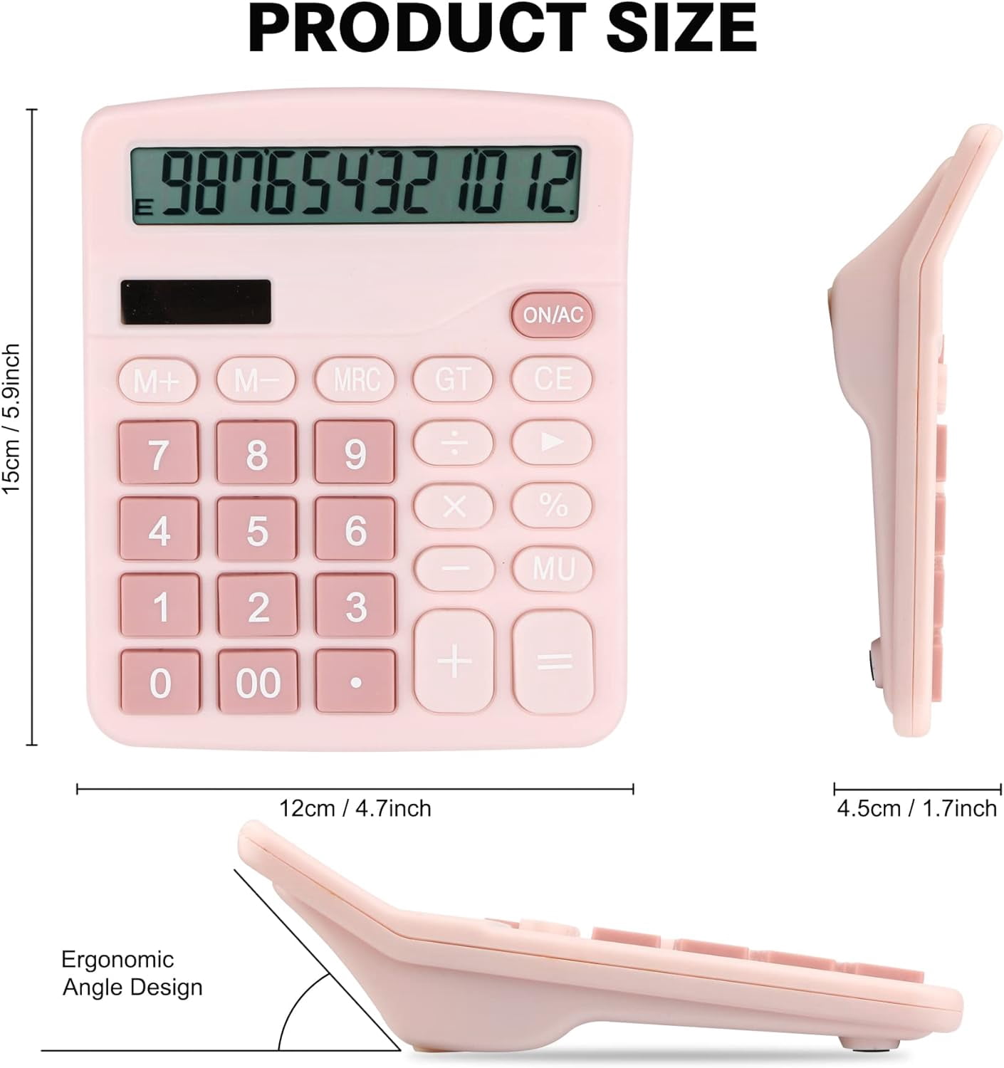Desk Calculator, 12-Digit LCD Display Office Calculator – Dual Power, Compact and Lightweight, Easy-to-Read Display, Durable for Business, School, Home (Pink)