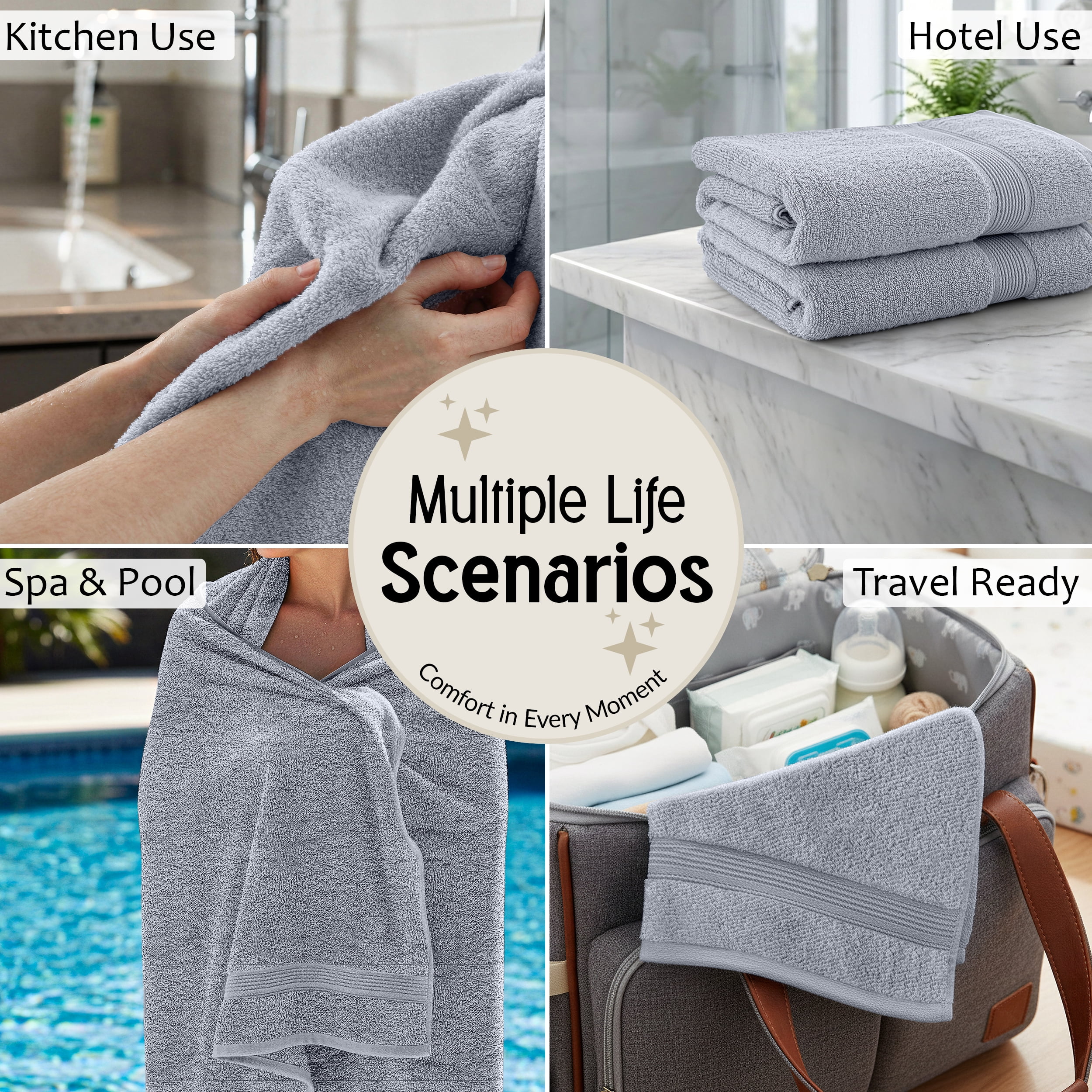 Lux Decor 6 Piece Bath Towel Set 525 GSM, 100% Cotton Towels for Bathroom, Spa & Hotels - Zero Twist 2 Large Bath Towels, 2 Hand Towels & 2 Washcloths – Quick Dry & Highly Absorbent - Grey