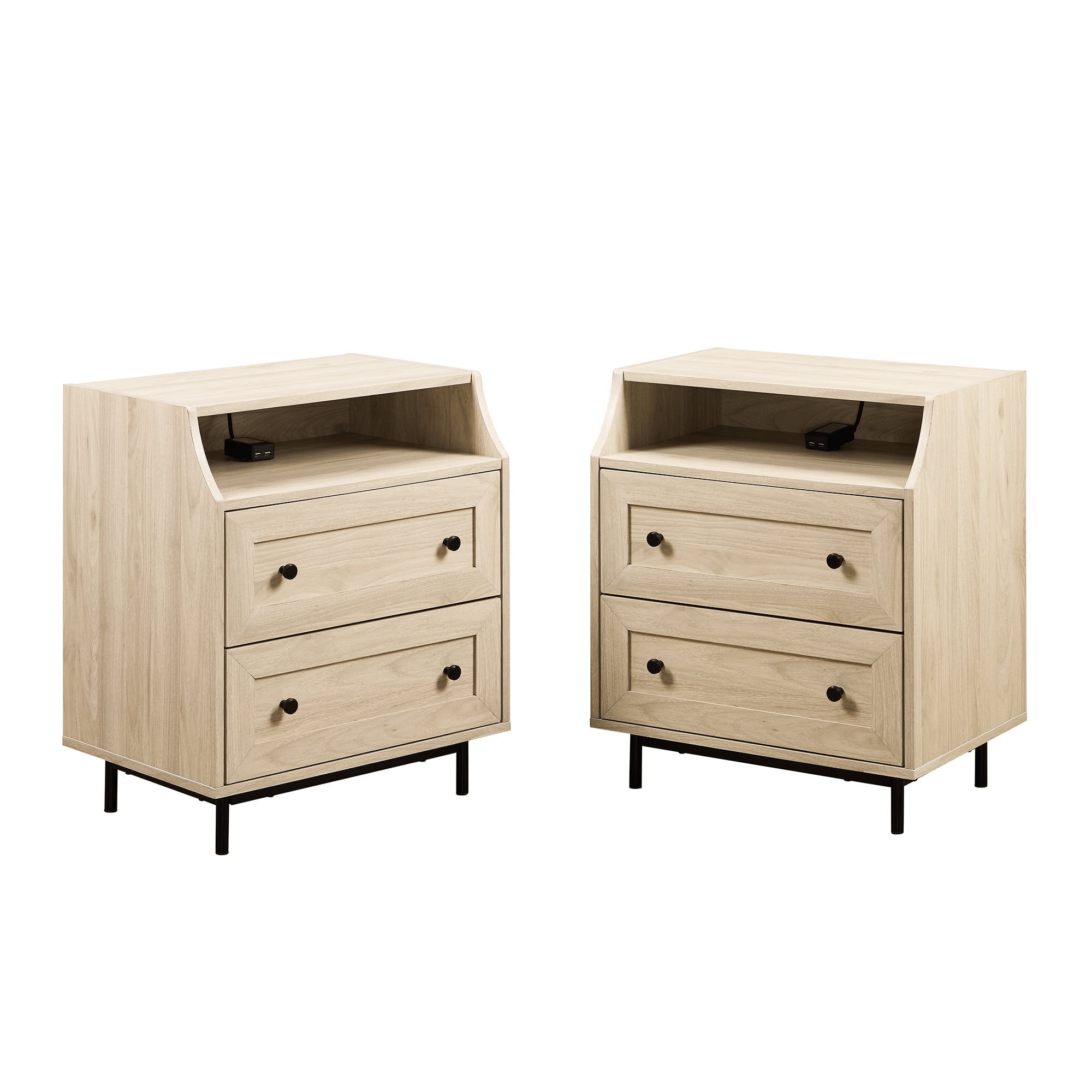 Walker Edison Modern 2 Drawer USB Port Nightstand, Set of 2, Birch