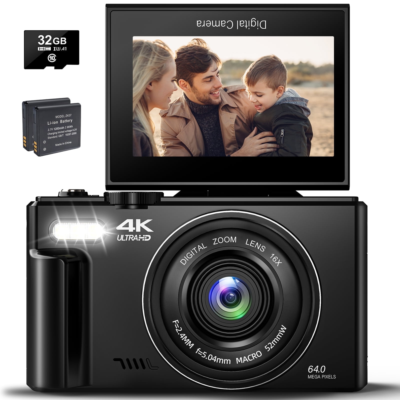 MARVUE Digital Camera 4K 64MP Vlogging Camera for YouTube Auto-Focus 18X Zoom 3" 180° Flip Screen Compact Video Camera with 32GB Card