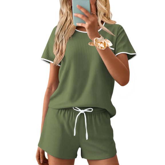 Ekouaer Womens Pajama Set Ribbed Knit Soft Shorts Pjs Summer Sleepwear Two Piece Casual Lounge Sets with Drawstring & Pockets