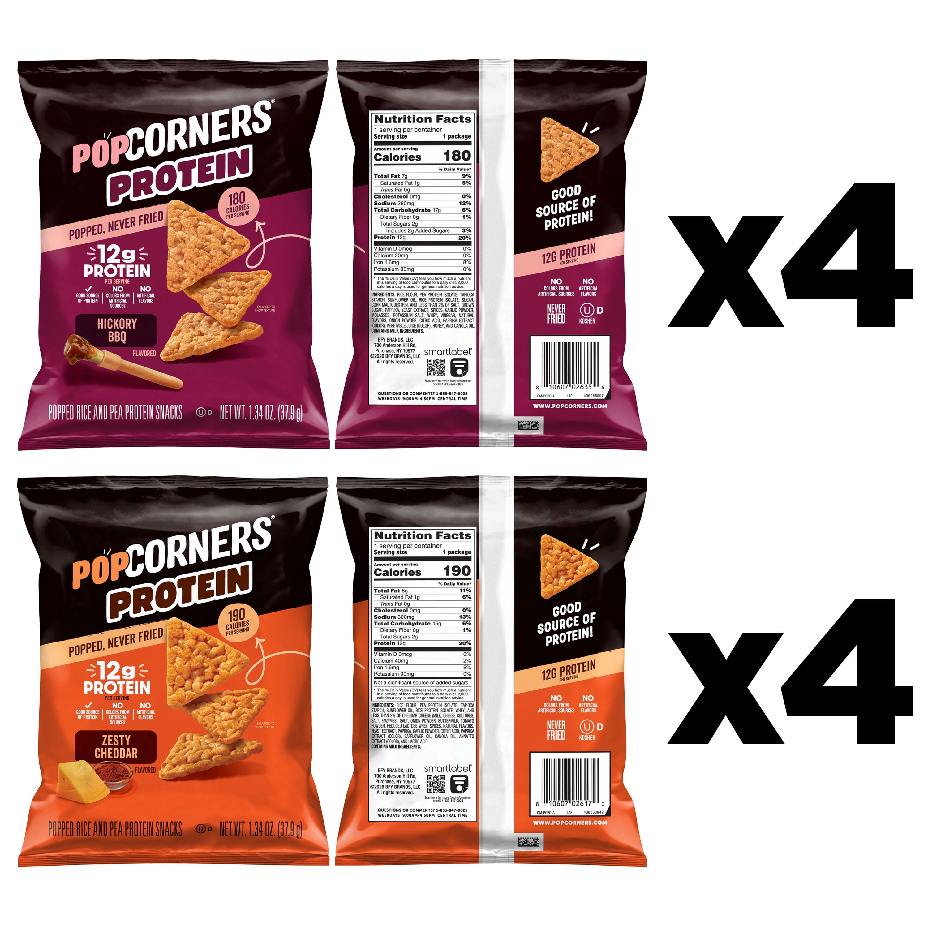 PopCorners 12g Protein, No Artificial Colors, Zesty Cheddar and Hickory BBQ Popped Corn Protein Chips, 8 pack