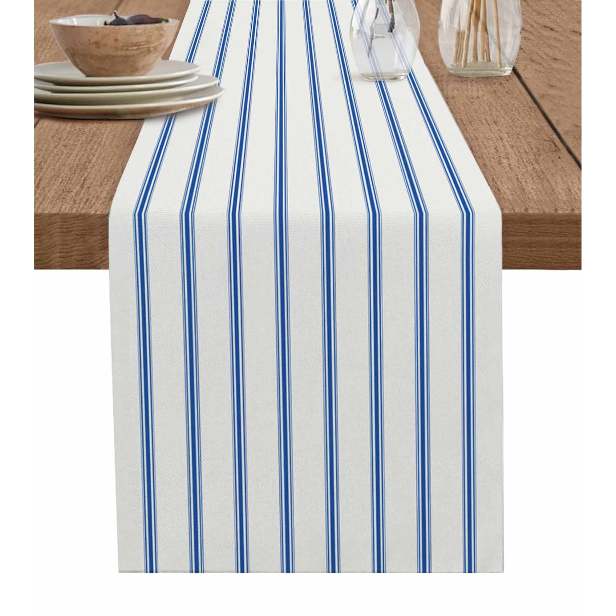 Boanket Navy Blue Striped Table Runner - 108 Inch Long Kitchen Dining Table Runner Dresser Scarves Rustic Blue Stripe Modern Art Beige Farmhouse Decor for Coffee Tables Wedding Party Banquet