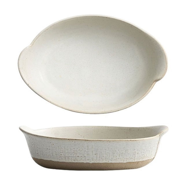 Ceramic Double Ear Retro Cheese Baked Rice Plate Creative Salad Bowl Household Deepening Plate Rough Ceramic Tableware