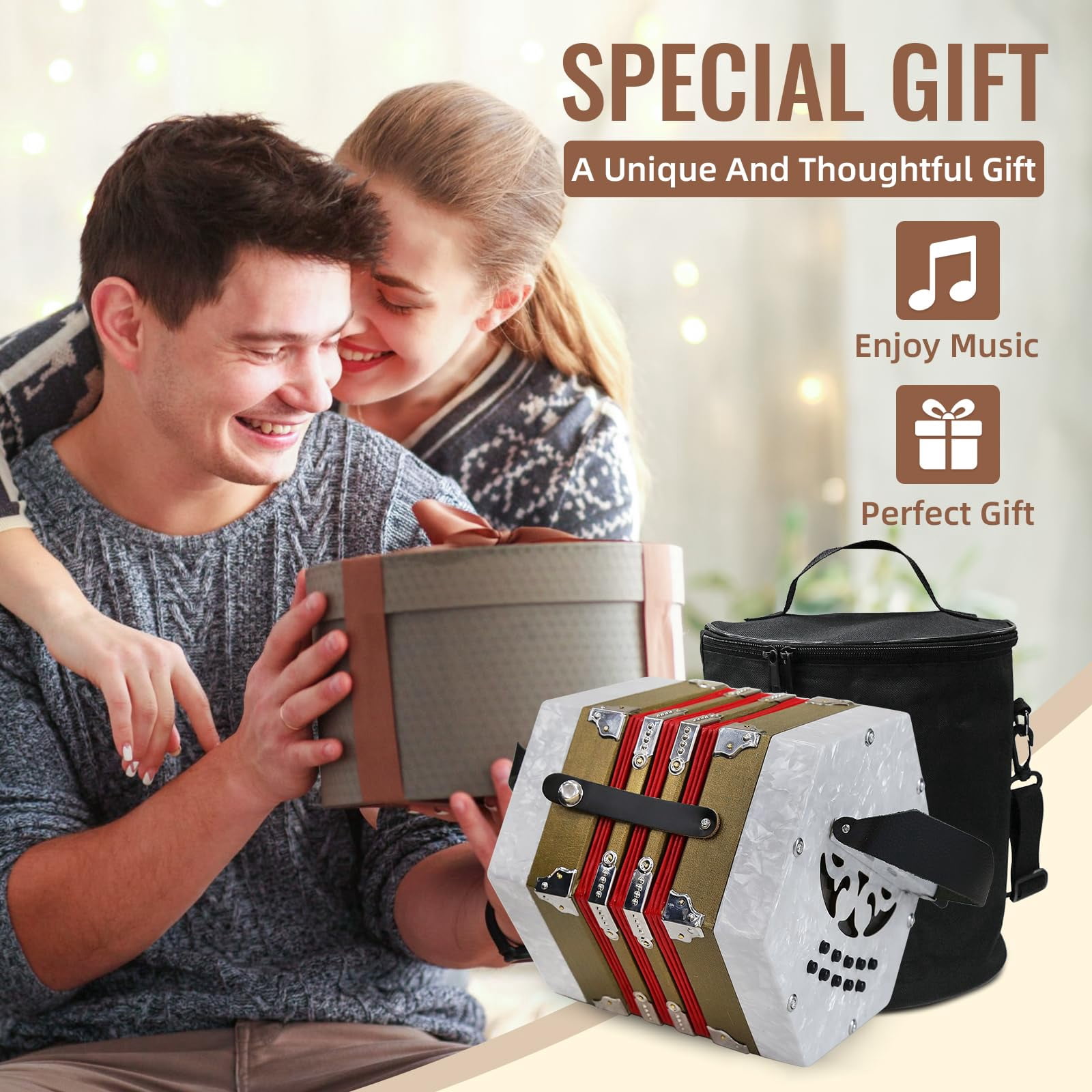 Rowadtim 20-Key White Concertina Accordion for Adults, Professional Beginner Instrument with Adjustable Hand Straps and Full Accessories