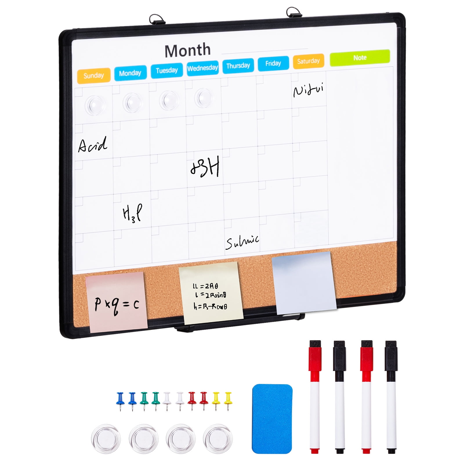 KFFKFF 24"x 18" Dual-Function Board – Magnetic Whiteboard Calendar & Cork Bulletin, Framed in Aluminum – Wall-Mounted for Home, Office, or Educational Settings