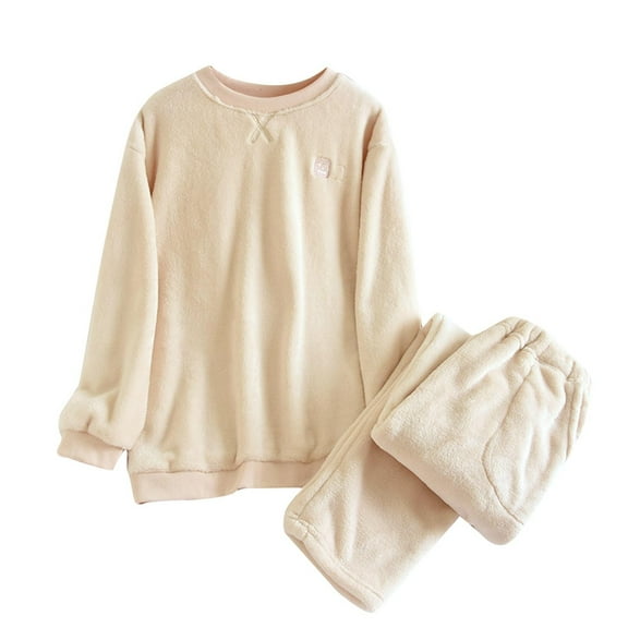 Penkiiy Women Fuzzy Warm Fleece Pajamas Sets Winter Flannel Sleepwear Fluffy Pajama Pullover Top Lounge Pants Set L Beige