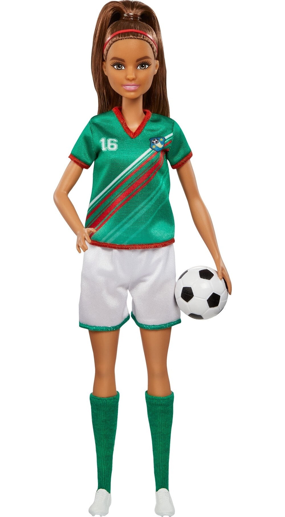Barbie Soccer Fashion Doll Dressed in Cleats, Colorful #16 Uniform & Tall Socks, Brunette Ponytail