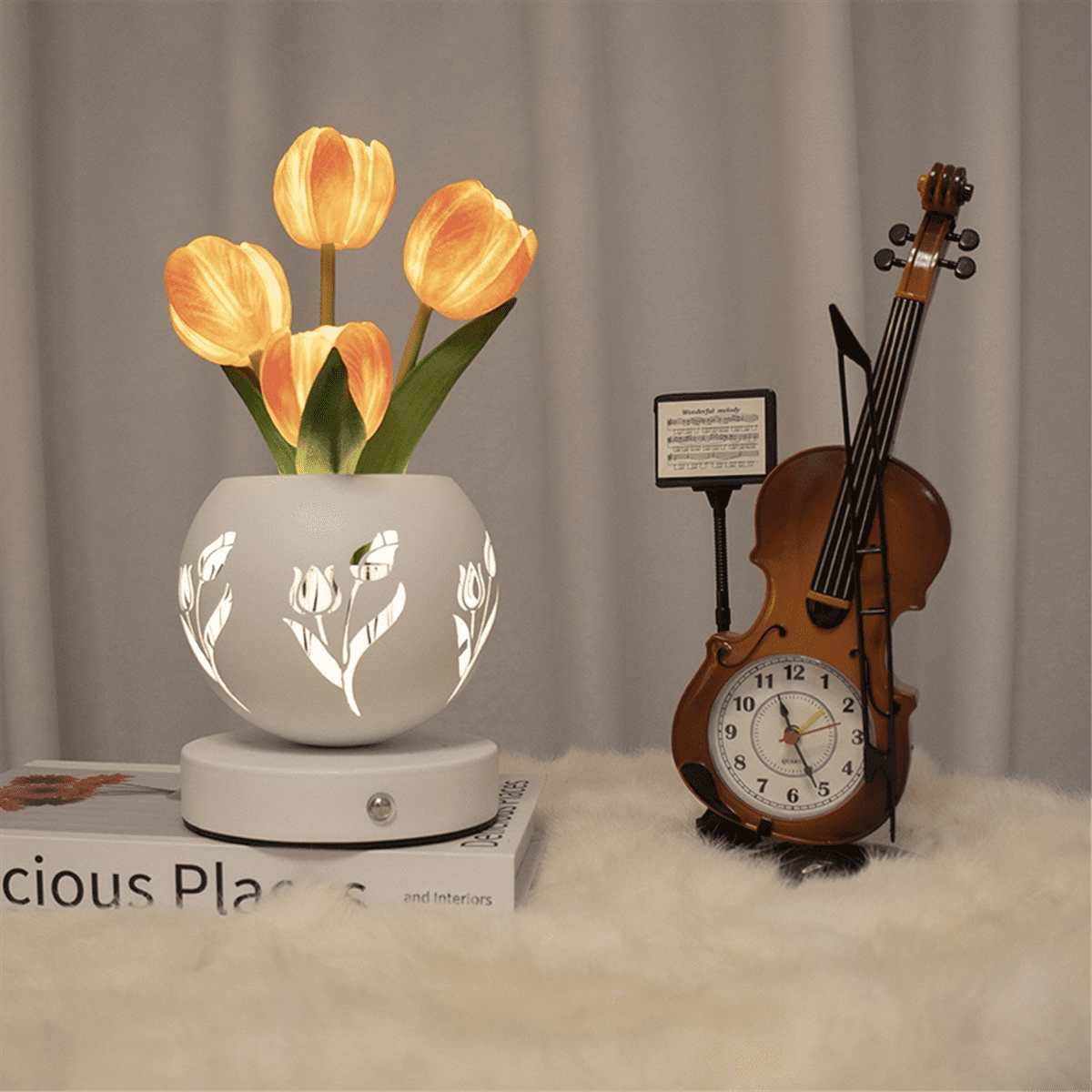 Tulip Night Light Artificial Flower Desk Lamp with Cut-Out Vase USB Charging 3 Color Stepless Dimmin Orange&White PU+Iron Art