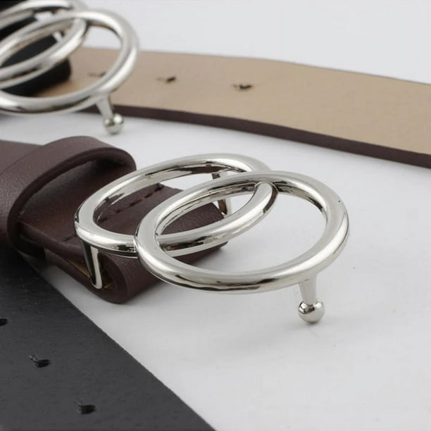 Double Ring Belts for Women Girls Fashion Leopard Waist Belt PU Metal Buckle Heart Pin Belt Leisure Dress Jeans Wild Waistband Silver ring Brown 105CM