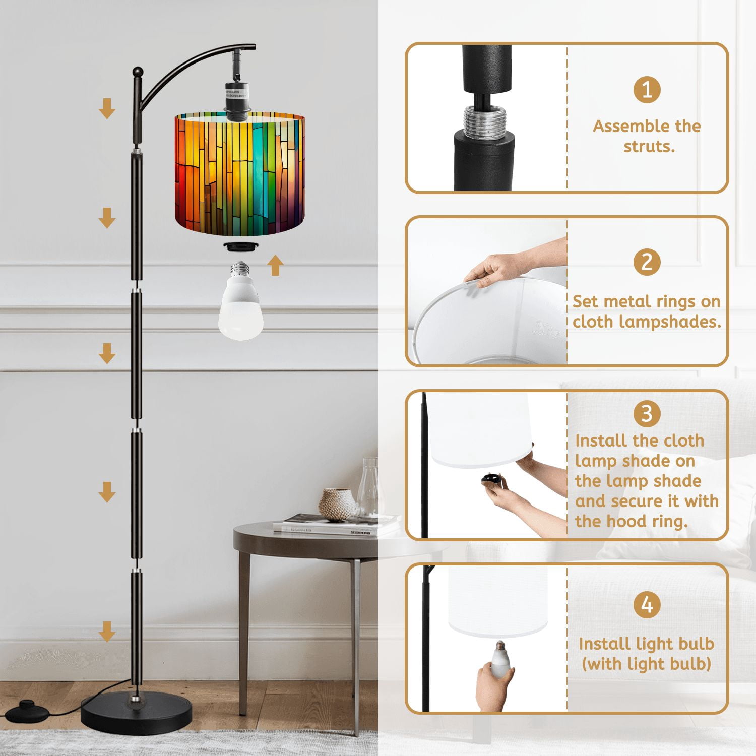 Arc Floor Lamp Colorful stained glass window Abstract stained Tall Modern Standing Lamp LED Adjustable Linen Lampshade 3 Color Temperatures
