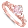 thumbnail image 4 of CHOOSE YOUR COLOR Pink CZ Rose Gold-Tone Heart Claddagh Ring .925 Sterling Silver Band Female Size 5, 4 of 4