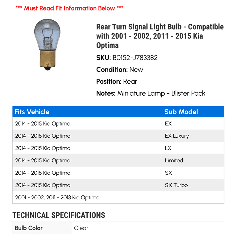 Rear Turn Signal Light Bulb Compatible with 2001 2002 2011 2015 Kia Optima 2012 2013 2014
