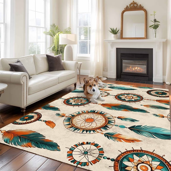 6'x9' Area Rugs, Geometric Feathers Indoor Outdoor Area Rug for Living Room Bedroom, Boho Ethnic Retro Country Motifs Washable Bathroom Rugs Kitchen Floor Carpet Mats Home Decor Aesthetic