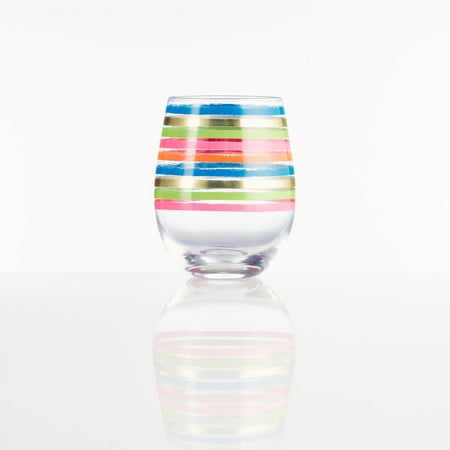 

Burns Glass Festive Wave Striped Stemless Glasses 18 oz for Wine Mixed Drinks Everyday (Set of 2)