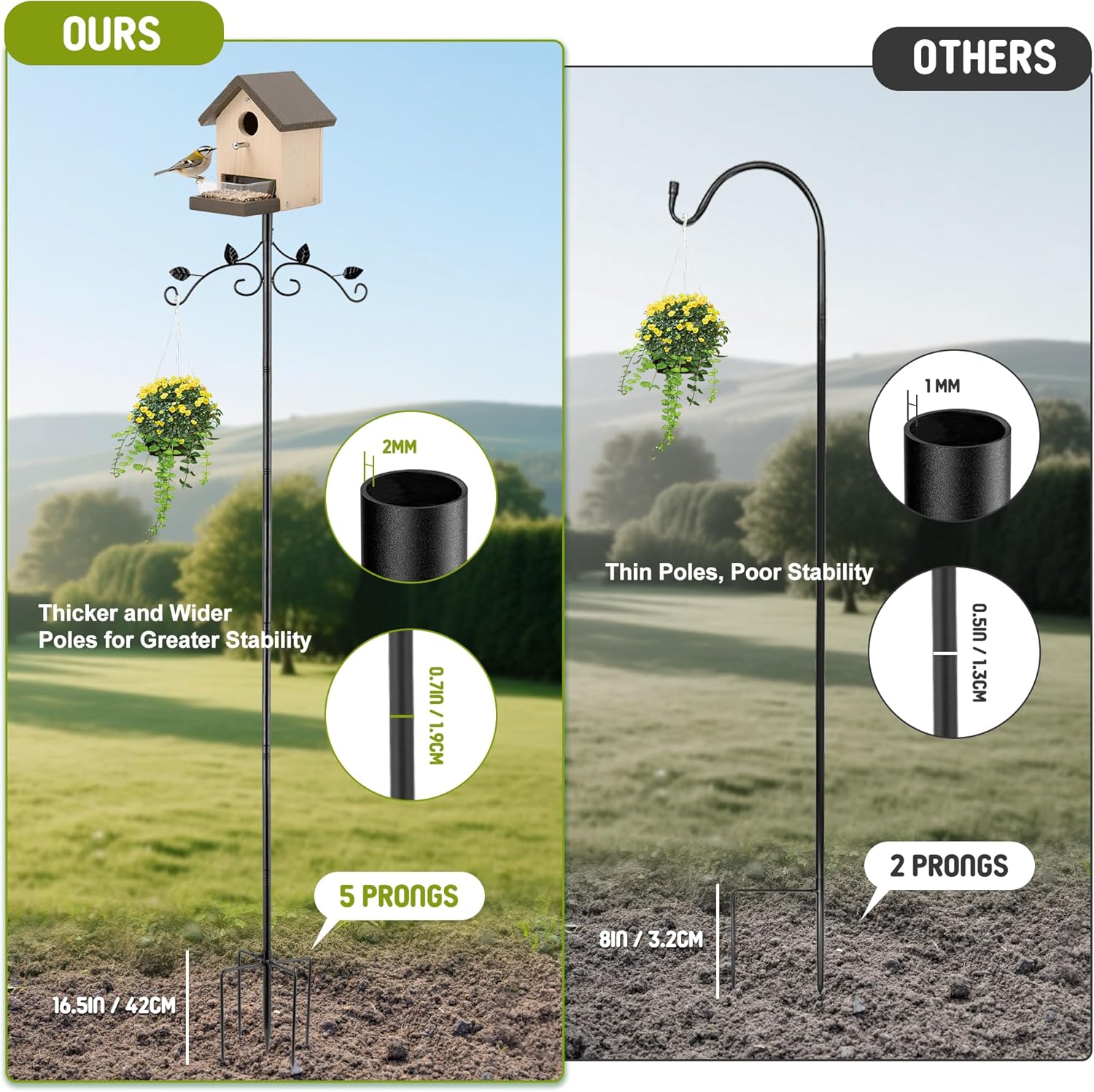 Urban Deco 91 Inch Bird Feeder Pole Mount Kit, Bird House Pole 5-Prong Base Shepherds Hook for Hummingbird Feeders, Adjustable Heavy Duty Bird Feeder Stand for Outdoor Garden Decor