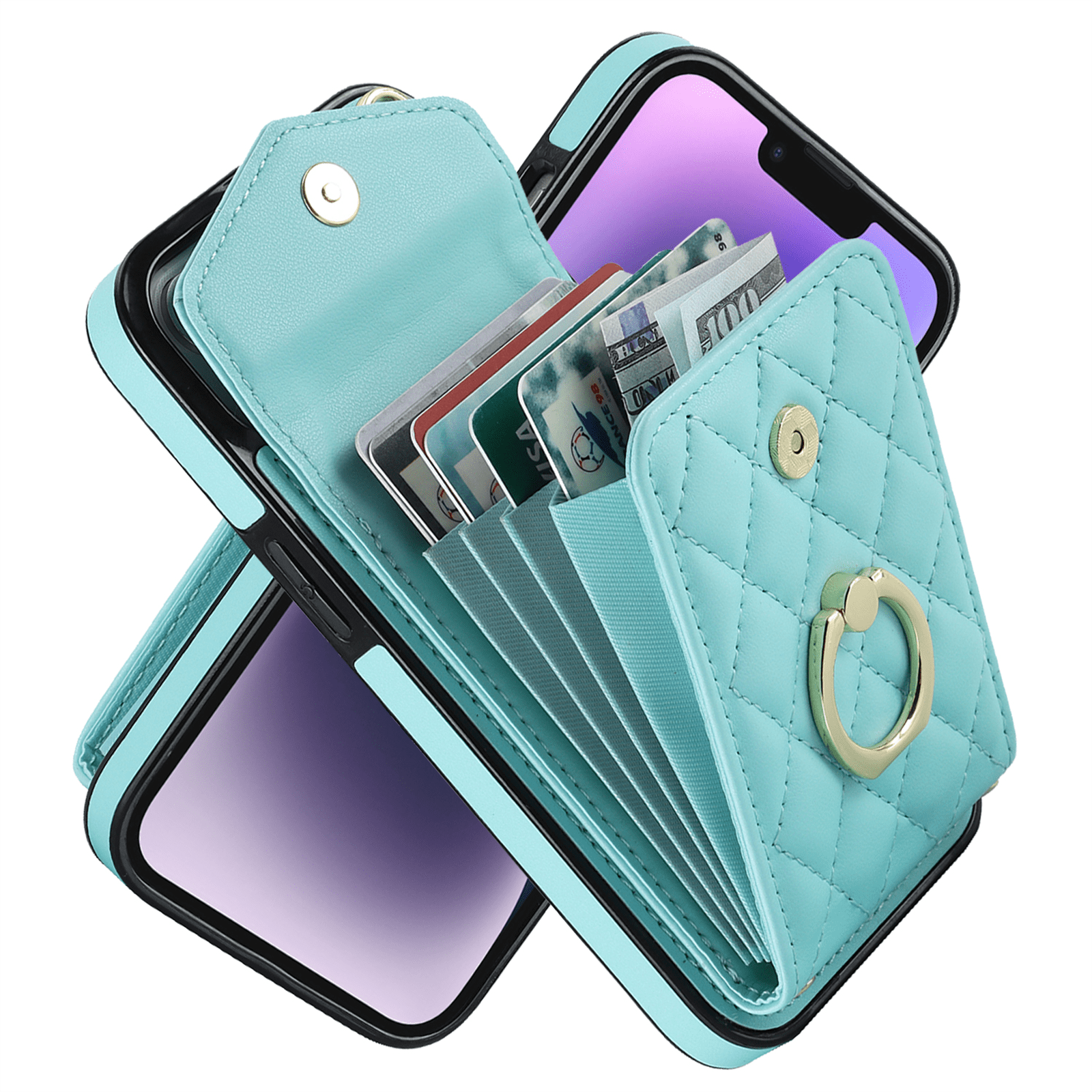 Asuwish Wallet RFID Blocking PU Leather Cell Phone Case with Tempered Glass Screen Protector, Wrist Strap for iPhone 14 Plus, Teal